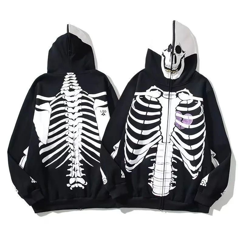 Men'S Fashion Zip Sweater - Donker Halloween Skeleton Bones Heren Vest