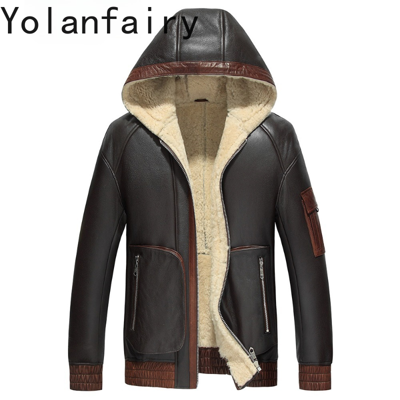 Men'S Fashion Zipper Jacket - YOLANFAIRY Natuurlijke Wol Bontjas Man Capuchon