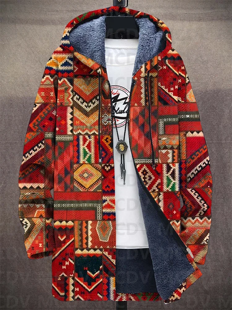 Men'S Fashion Zip Sweater - Unisex Retro Etnisch Patroon Print Pluche