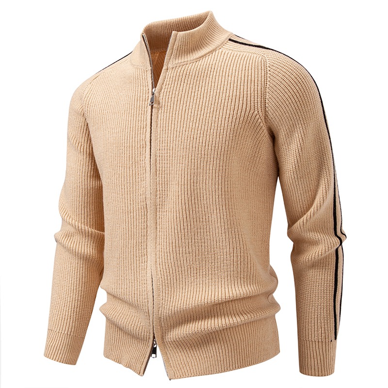 Men'S Fashion Zip Sweater - Heren kaki waffle gebreide cardigan met