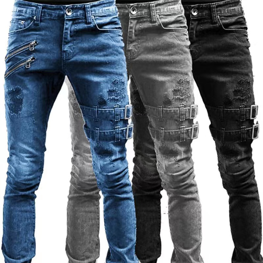 Skinny Jeans Ripped - Retro Moto Biker Rechte elastische jeans