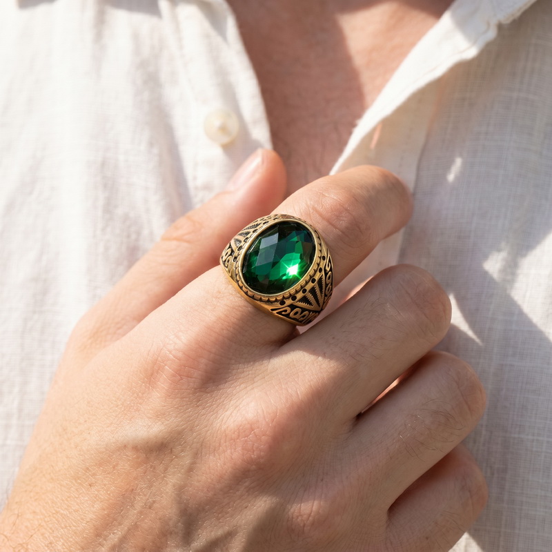 Men'S Fashion Lk - Retro groene hoogwaardige edelsteenring Punk US